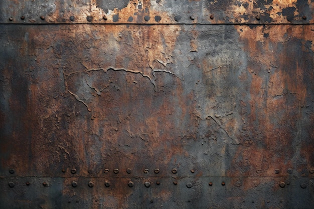 A close up of a rusted metal surface with rivets