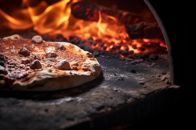 A close up of a rustic pizza stone inside an oven