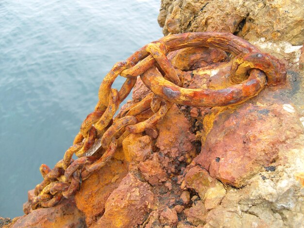 Close-up of rusty chain on rock