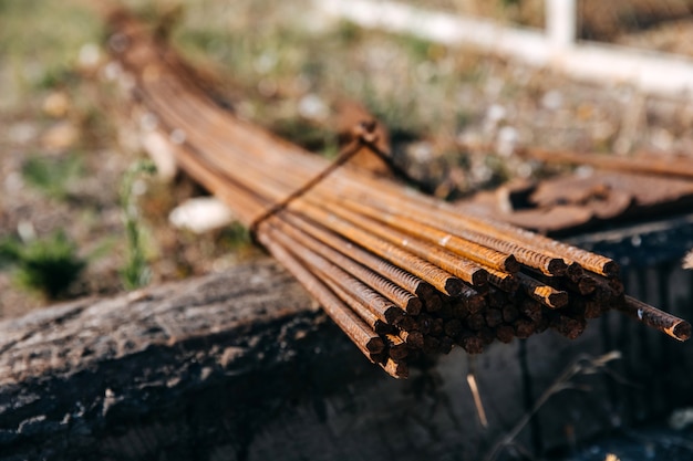 Close-up of a rusty metal armature rods