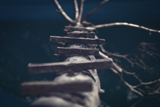 Photo close-up of rusty metal tied up on wood