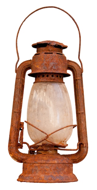Close up of rusty oil lantern isolated on white background