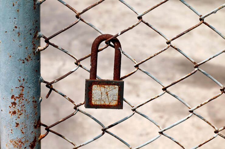 Photo close-up of rusty padlock on chainlink fence
