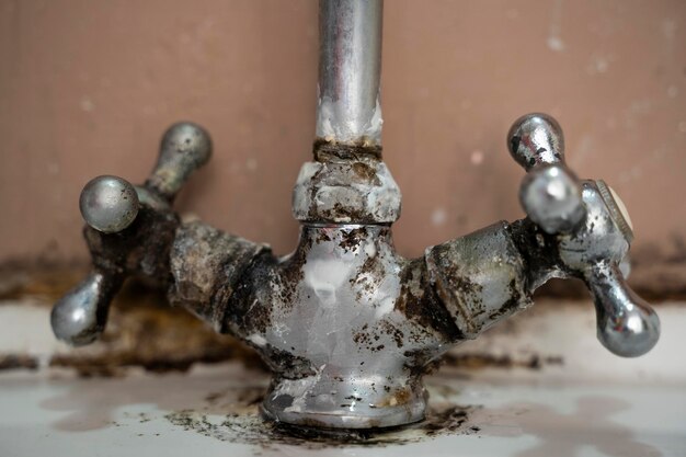 Foto close-up di un rubinetto d'acqua arrugginito