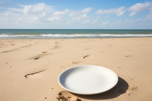 close up sailor style empty plate on beach sand