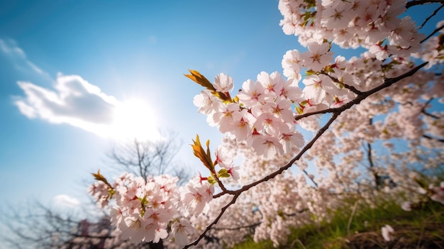 ジェネレーティブ AI テクノロジーを使用した澄んだ青空と桜の花のクローズ アップ