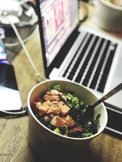 Close-up of salad in bowl on table