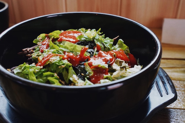 Close-up of salad in bowl on table