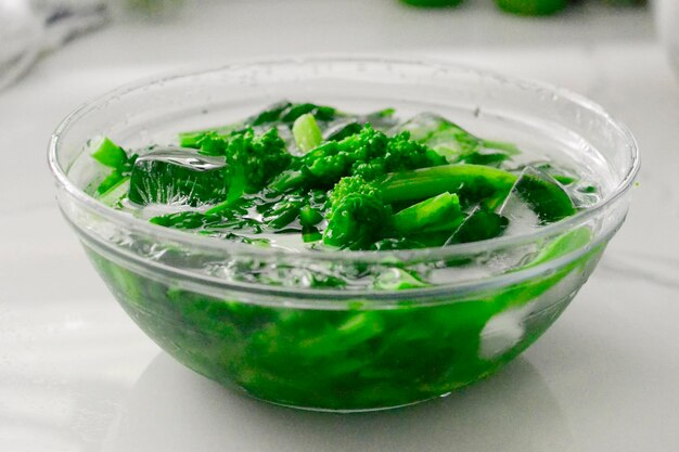 Close-up of salad in glass bowl on table