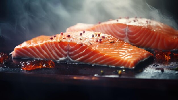 Close up of salmon fillet steak grilling on BBQ garnished with rosemary