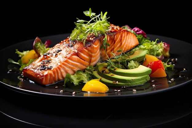 Close up of a salmon with avocado dish isolated