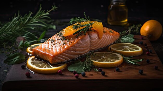 Close up Salmon on a wooden table with a blurred background