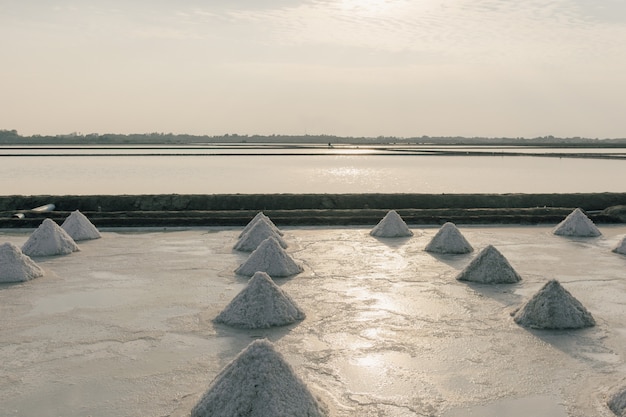 Закройте груды соли в соляной ферме из морской воды.