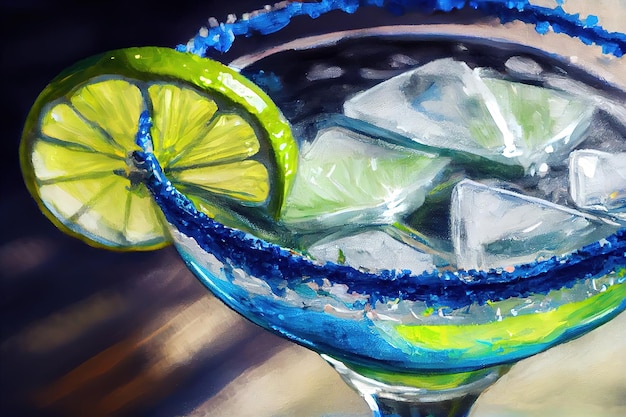 Крупный план соленого синего стакана маргариты с ломтиком лайма Эффект масляной живописи Generative Ai