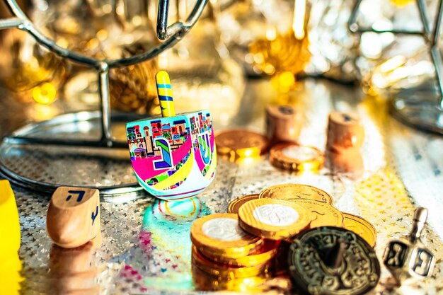 Close up of same dreidel for hanukkah still life