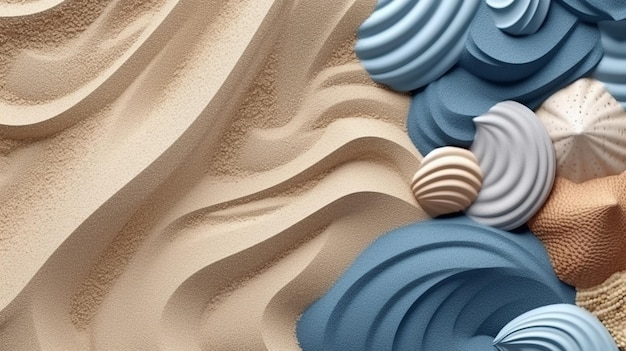 青と白のデザインの砂の彫刻の接写。
