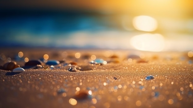 Close up sand Seascape abstract Summer sandy beach tropical background blur bokeh light of sea ocean and sky Generative AI