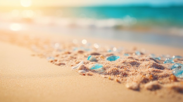 Close up sand Seascape abstract Summer sandy beach tropical background blur bokeh light of sea ocean and sky Generative AI