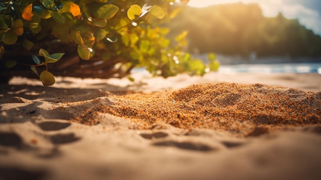 Close up sand Seascape abstract Summer sandy beach tropical background blur bokeh light of sea ocean and sky Generative AI