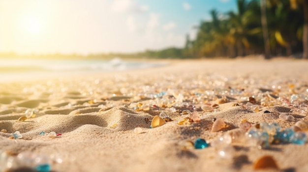 Close up sand Seascape abstract Summer sandy beach tropical background blur bokeh light of sea ocean and sky Generative AI