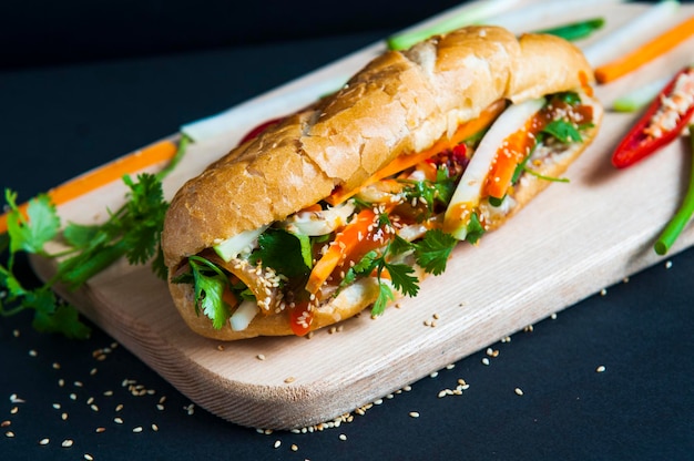 Foto close-up di un panino su un tavolo da taglio su uno sfondo nero