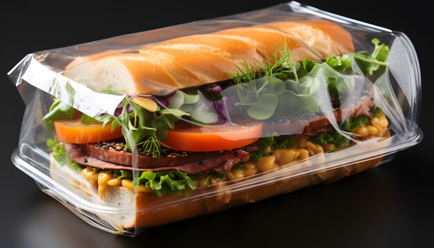 Photo a close up of a sandwich in a plastic container with lettuce generative ai