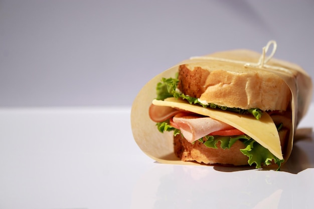 close up of sandwich with ham and cheese, white background