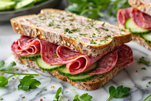 Photo a close up of a sandwich with meat and cucumbers