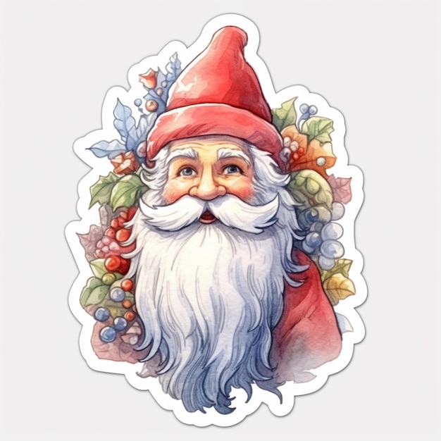 A close up of a santa claus sticker with a wreath of berries generative ai