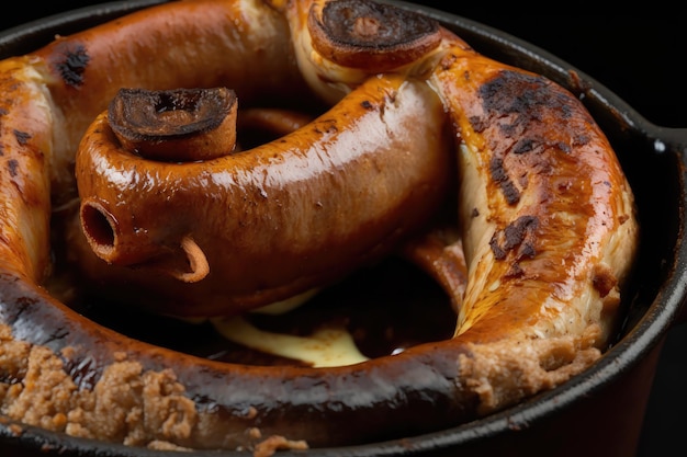 Close up of Sausage with Toad in the Hole Toad a classic English dish made with sausages and Yorkshire pudding batter and baked in a black porcelain dish