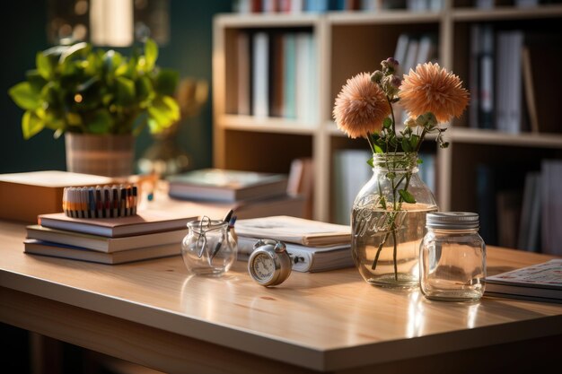 Close up of a scandinavian office desk with book and supplies