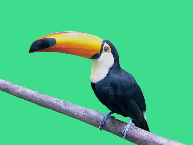 Close-up schattige toucan vogel die op een houten staaf staat geïsoleerd op groene achtergrond
