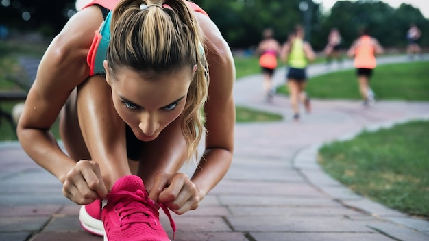 Close-up schoenen vrouwelijke hardloper die haar schoenen vastbindt voor een joggen oefening