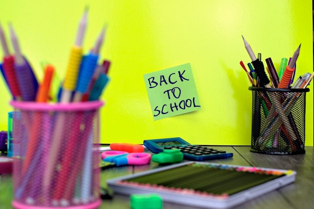 close-up of school supplies with back to school background