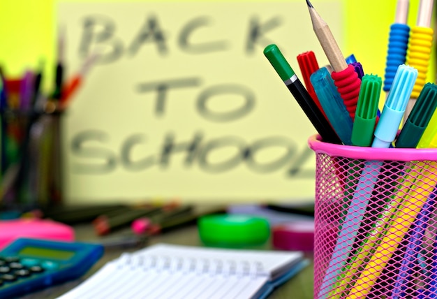 close-up of school supplies with back to school background