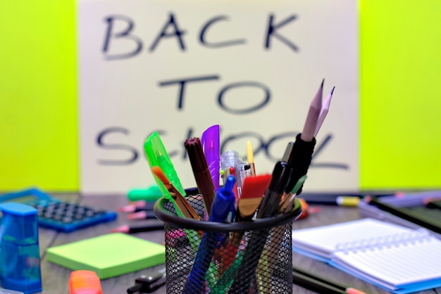 close-up of school supplies with back to school background
