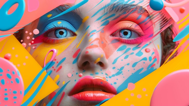 Close-up schoonheidsfoto van een vrouw met kleurrijke make-up en grafische elementen die een speelse en levendige look creëren