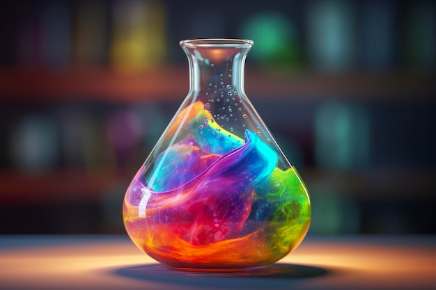 Close Up of a Science Beaker Filled with Multi Colored Liquids AI Generative