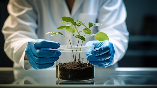 close up of scientist hands with plant and soil biotechnology Biologist hand holding plants