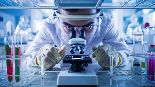 Close up scientist using microscope in laboratory room while making medical testing and research