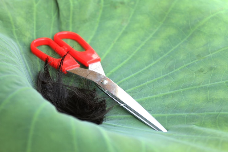 फोटो close-up of scissors and human hair on green leaf