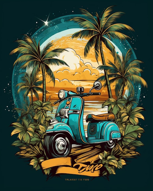a close up of a scooter parked on a beach near palm trees generative ai
