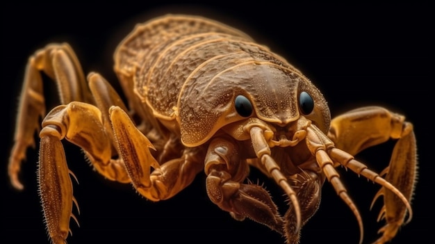 A close up of a scorpion on a black background