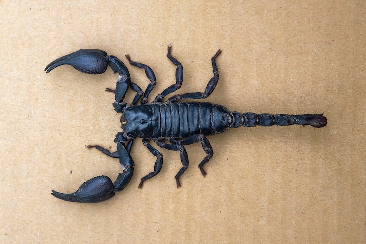 Photo close up scorpion on isolated background with copy space