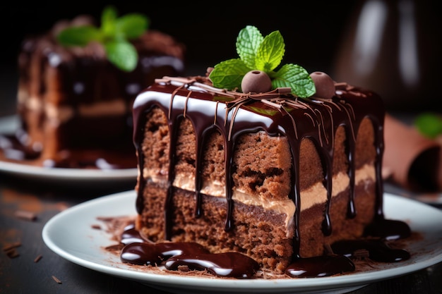 テーブルの上にある美味しいチョコレートケーキのクローズアップ