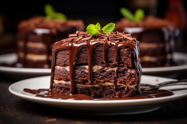 Close up of scrumptious chocolate cakes on table