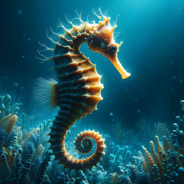 close up of a sea horse on a coral reef