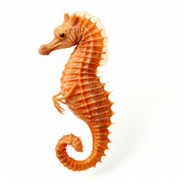 A close up of a sea horse on a white background