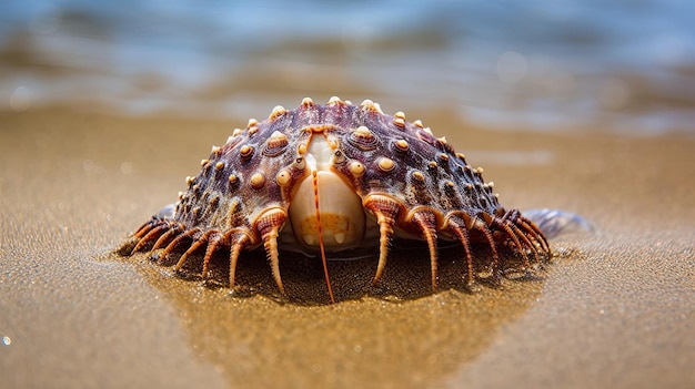 A close up of a sea shell on a beach