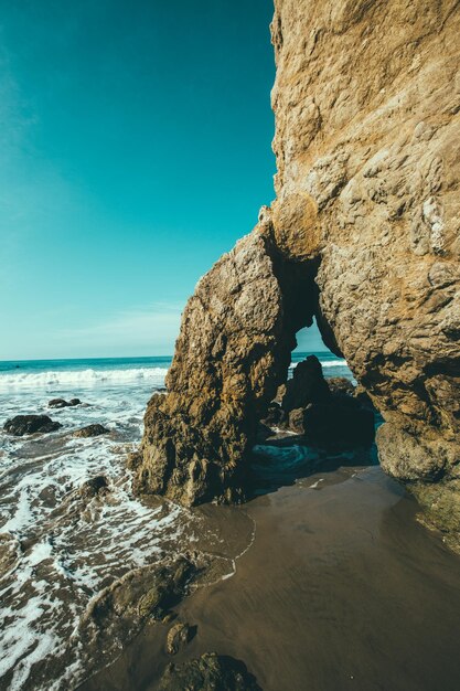 Close-up of sea shore against clear blue sky